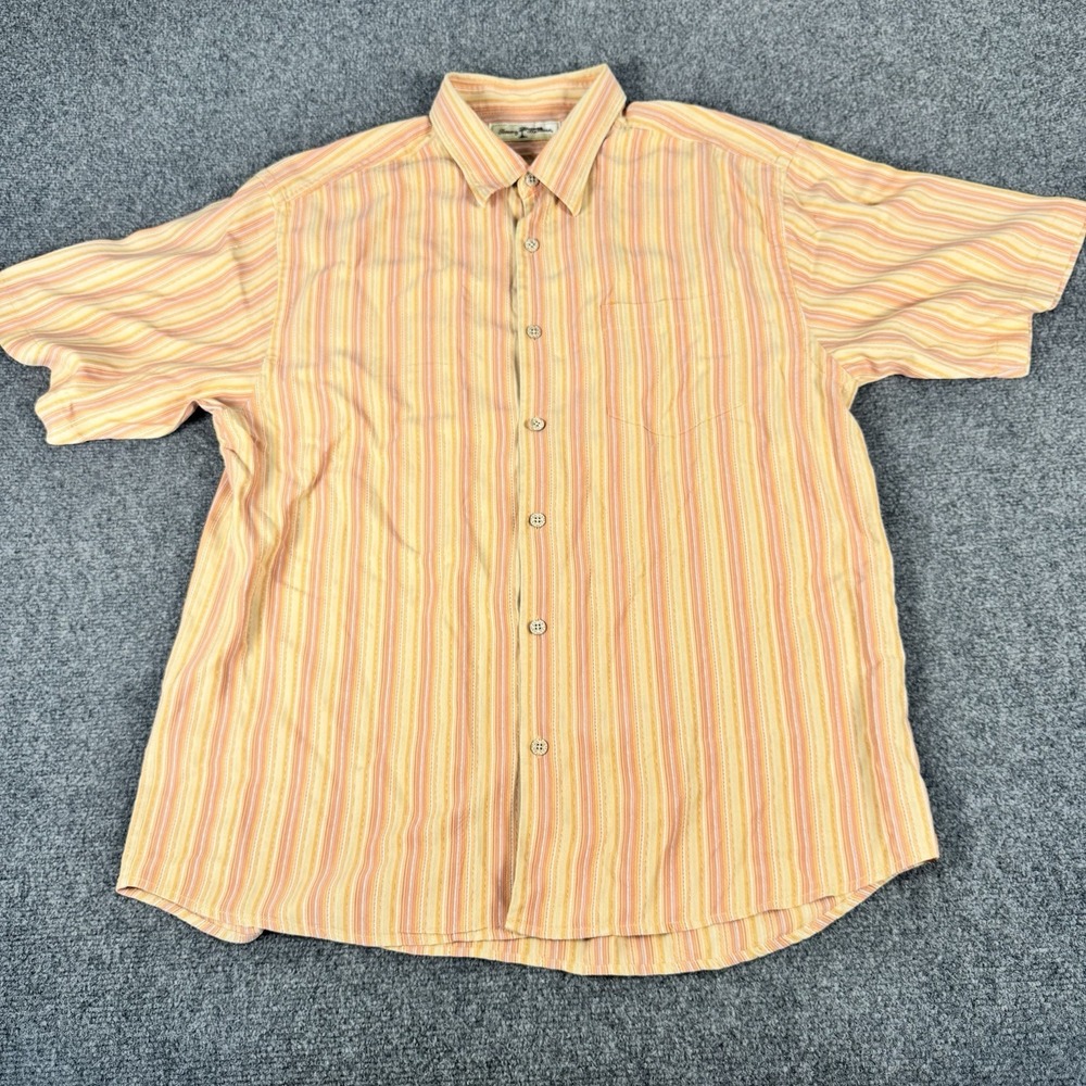 Tommy Bahama Mens Silk Hawaiian Shirt XL Orange Stripe Short Sleeve Button Up